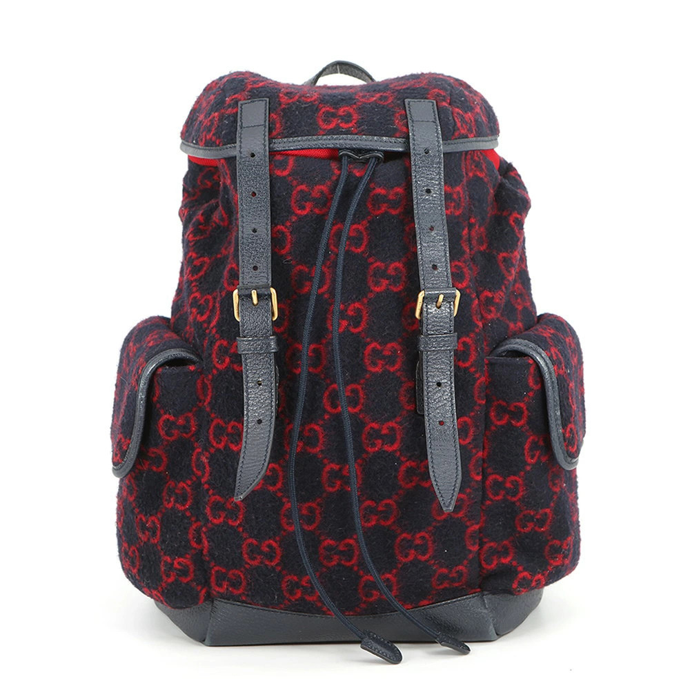 Gucci GG Monogram Wool Double Buckle Backpack navy blue red